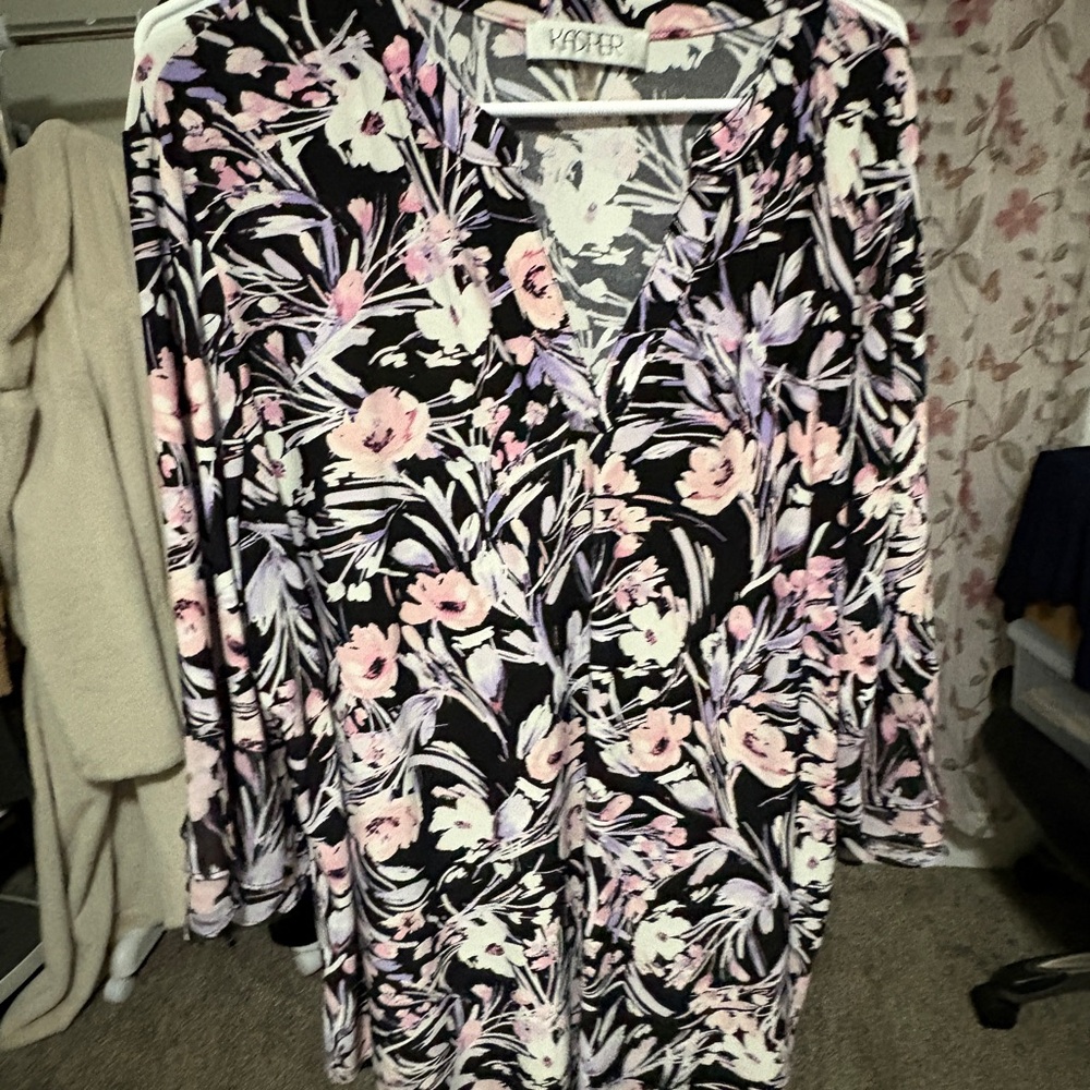 Kasper Black Floral V-Neck Blouse with Pink and Lavender Accents